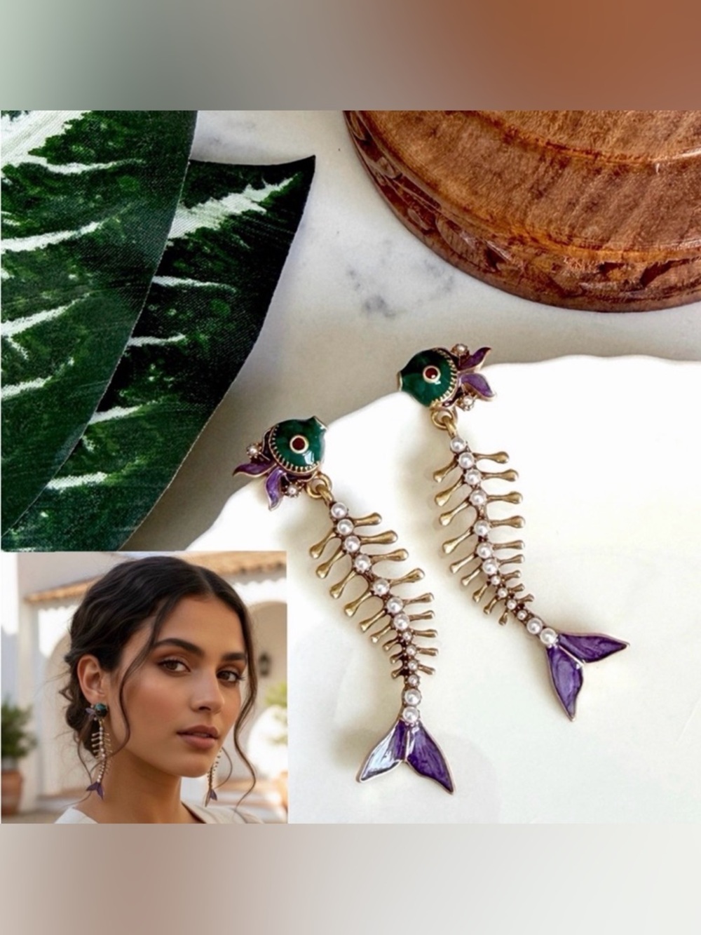 Long Fish Bone Earrings Gold Pearl Italy Coastal Ocean Beach Mediterranean NEW